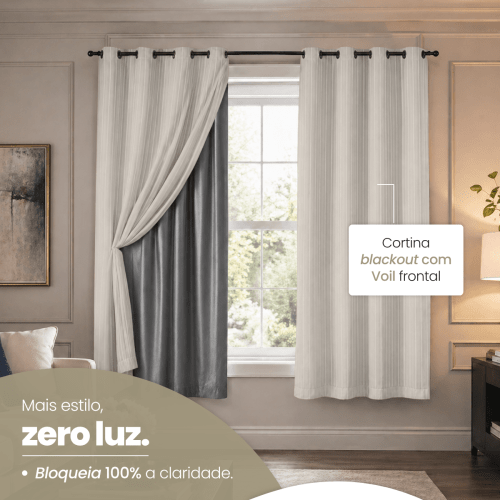 Cortina Blackout + Tecido Voil 2,00M x 1,30M Corta Luz Total